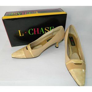 L Chase Beige Nude Patent Leather Fabric Shoes 8M Low Heel Office Work Neutral